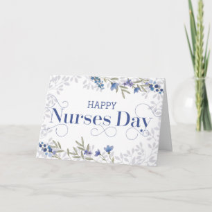 Happy Nurses Day - Swirly Text and Flowers - Blue Thank You Card