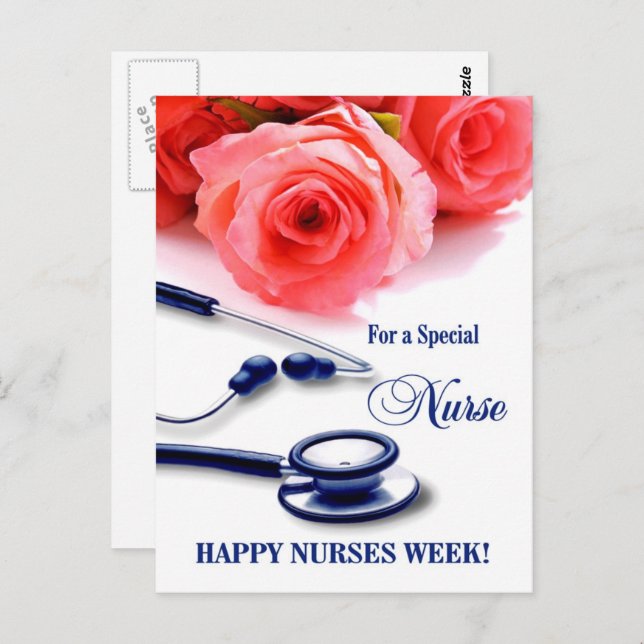 Happy Nurses Week.  Roses and Stethoscope Postcard (Front/Back)