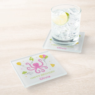 Happy Octopus Birthday Glass Coaster