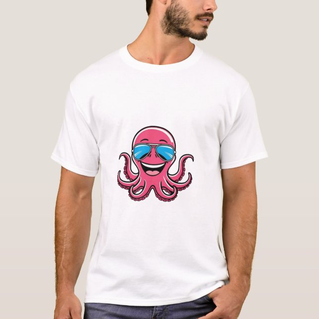 Happy Octopus Wearing Blue Aviators Graphic Tee (Front)