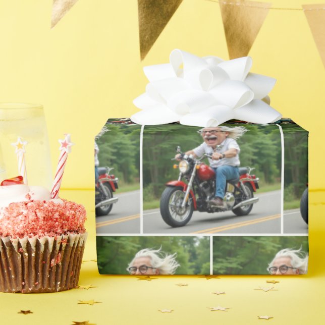 Happy Old Man Riding On a Motorcycle Wrapping Paper (Birthday Party)