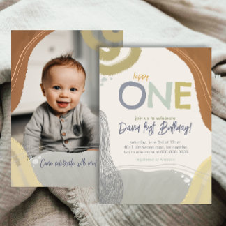 Happy One First Birthday Photo boy Invitation