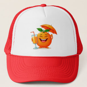 Happy Orange Cartoon Character Holding Juice Trucker Hat