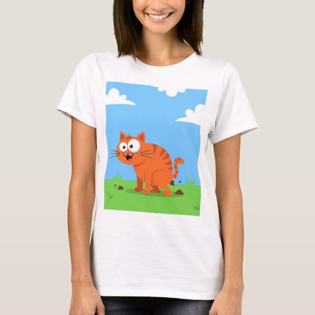 Happy Orange Cat Pooping Cartoon Pet Waste T-Shirt (Front)