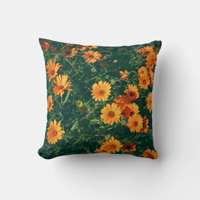 Happy Orange Daisy Flowers Cushion Throw Pillow (Front)