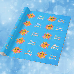 Happy Orange Festive Sun Pink Yellow Rays Birthday Wrapping Paper