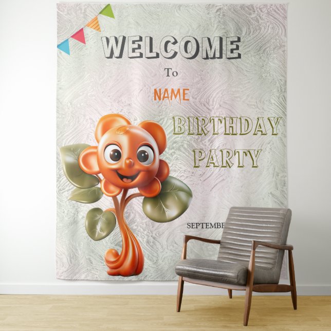 Happy Orange Flower Birthday Party Backdrop Tapestry (In Situ)