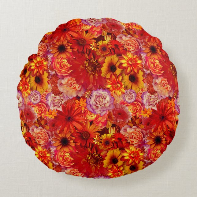 Happy Orange Flower Field Garden Round Cushion (Front)