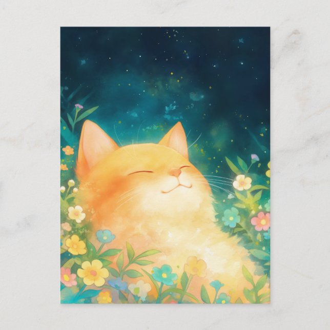 Happy Orange Kitten Starry Night Postcard (Front)