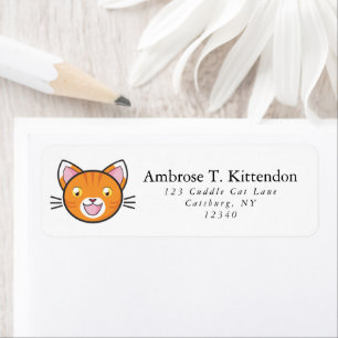 Happy Orange Striped Tabby Kawaii Cartoon Cat Face Return Address Label