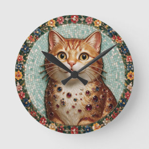 Happy Orange Tabby Cat Floral Mosaic Pocket Watch Round Clock