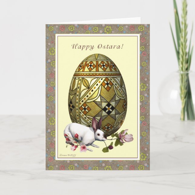 Happy Ostara - Egg Hare Flowers- Blank Note Card (Front)