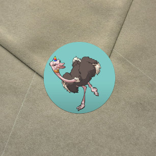 Happy Ostrich Dancing in Party Hat Cartoon Classic Round Sticker