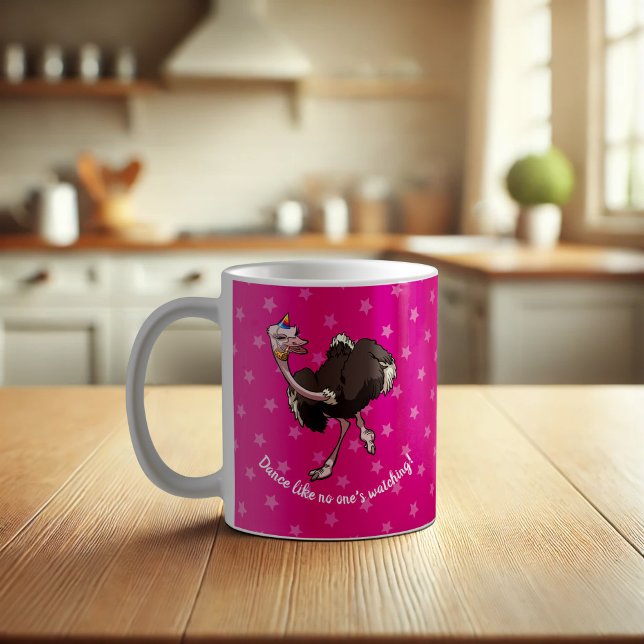 Happy Ostrich Dancing in Party Hat Cartoon Coffee Mug (Creator Uploaded)