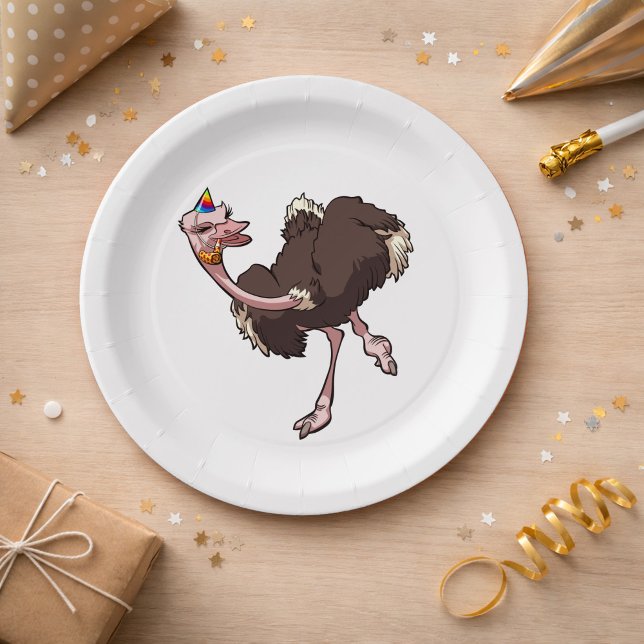 Happy Ostrich Dancing in Party Hat Cartoon Paper Plate (Creator Uploaded)