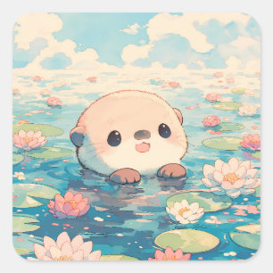 Happy Otter in Lotus Flower Pond Square Sticker