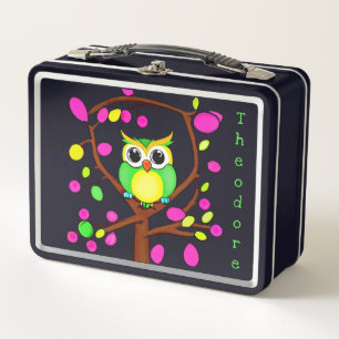 Happy owl in a multicolored tree metal lunch box