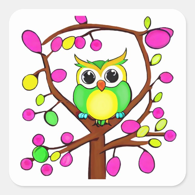 Happy owl in a multicolored tree square sticker (Front)