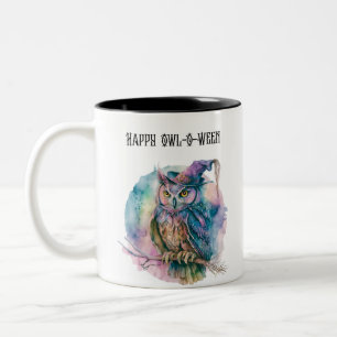 Happy Owl-O-Ween Owl Creepy Spooky Fun Halloween Two-Tone Coffee Mug