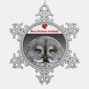 Happy owl wishes snowflake pewter christmas ornament