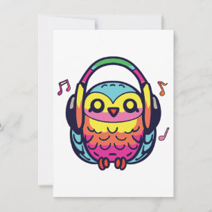 Happy Owl with headphones listening to music. Card