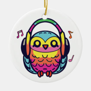 Happy Owl with headphones listening to music. Ceramic Ornament
