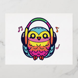 Happy Owl with headphones listening to music. Foil Holiday Postcard