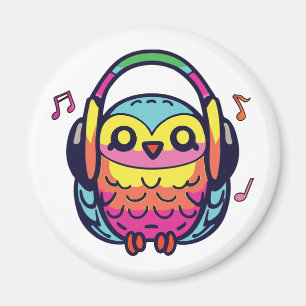 Happy Owl with headphones listening to music. Magnet