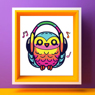 Happy Owl with headphones listening to music. Photo Print