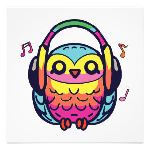 Happy Owl with headphones listening to music. Photo Print