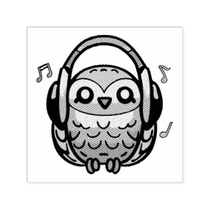 Happy Owl with headphones listening to music. Self-inking Stamp