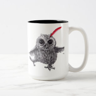 Happy owl with red feather Two-Tone coffee mug