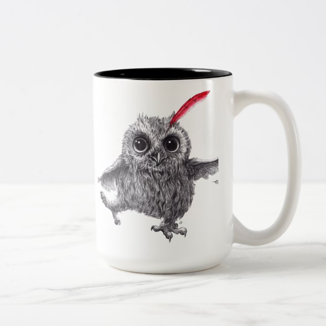 Happy owl with red feather Two-Tone coffee mug (Right)