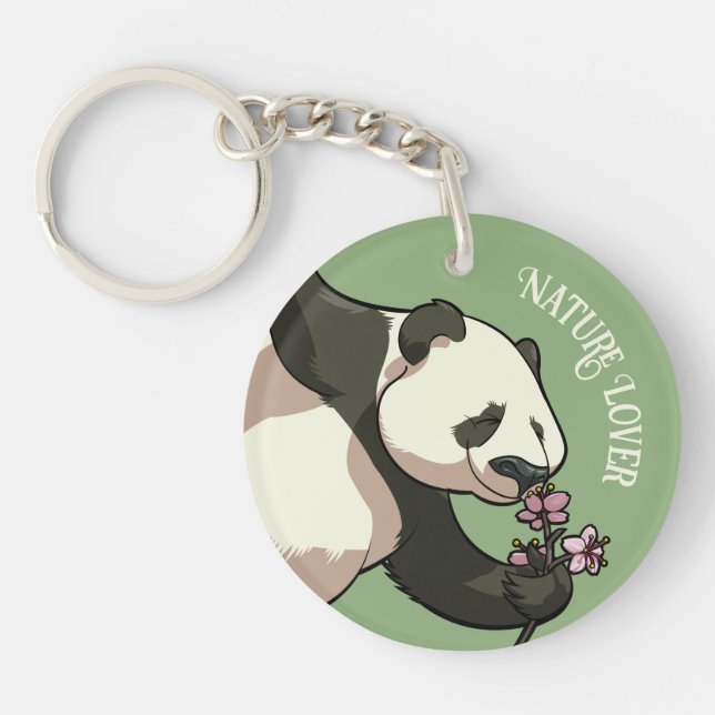 Happy Panda Smelling Blossom Nature Lover Cartoon Key Ring (Front)