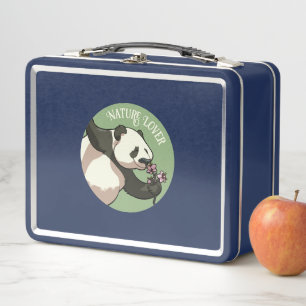 Happy Panda Smelling Blossom Nature Lover Cartoon Metal Lunch Box