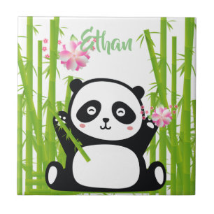 Happy Panda with Bamboo & Cherry Blossom Ceramic Tile