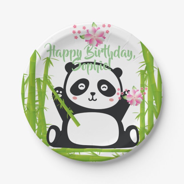 Happy Panda with Bamboo & Cherry Blossom Paper Plate (Front)
