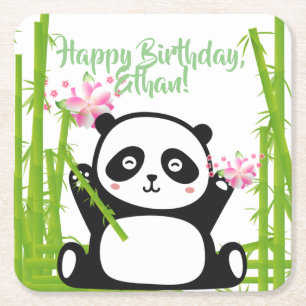 Happy Panda with Bamboo & Cherry Blossom   Square Paper Coaster