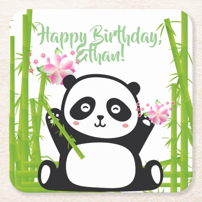 Happy Panda with Bamboo & Cherry Blossom   Square Paper Coaster (Front)