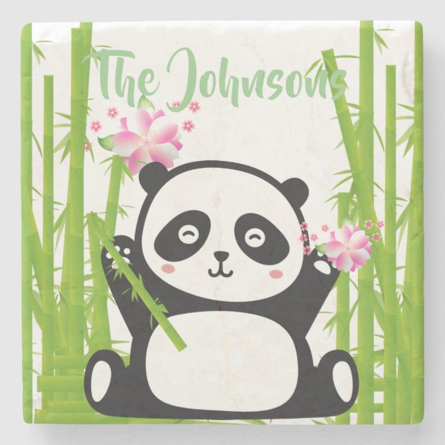 Happy Panda with Bamboo & Cherry Blossom  Stone Coaster (Front)