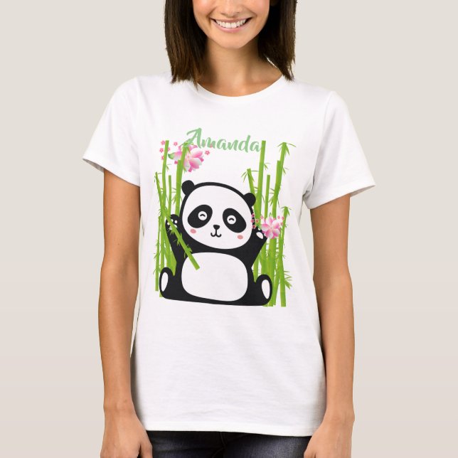 Happy Panda with Bamboo & Cherry Blossom  T-Shirt (Front)