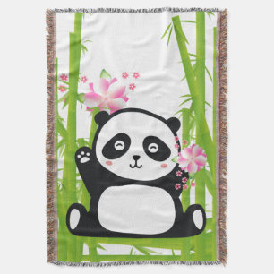 Happy Panda with Bamboo & Cherry Blossom  Throw Blanket