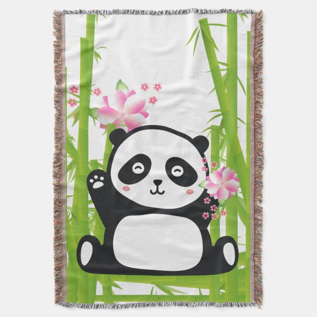 Happy Panda with Bamboo & Cherry Blossom  Throw Blanket (Front Vertical)