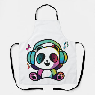 Happy Panda with headphones listening to music.  Apron