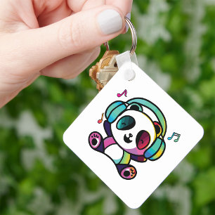 Happy Panda with headphones listening to music.  Key Ring