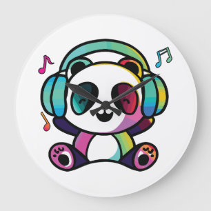 Happy Panda with headphones listening to music. Large Clock