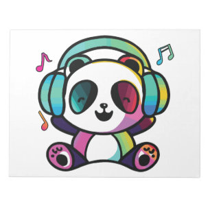 Happy Panda with headphones listening to music.  Notepad