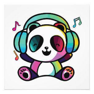 Happy Panda with headphones listening to music.  Photo Print