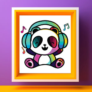 Happy Panda with headphones listening to music.  Photo Print