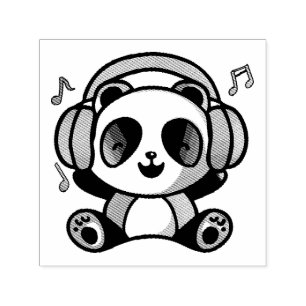 Happy Panda with headphones listening to music.  Self-inking Stamp